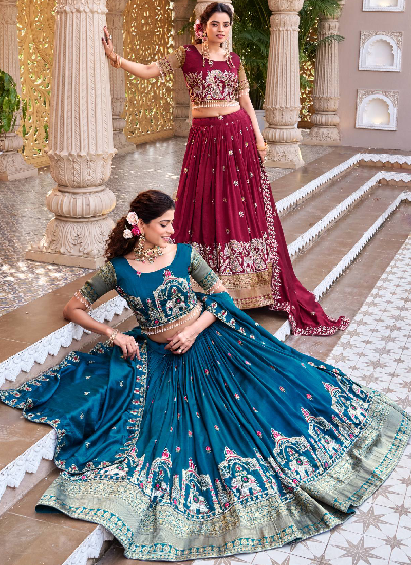 Wedding Wear Zari Embroidered Vichitra Silk Teal Blue Lehenga Choli