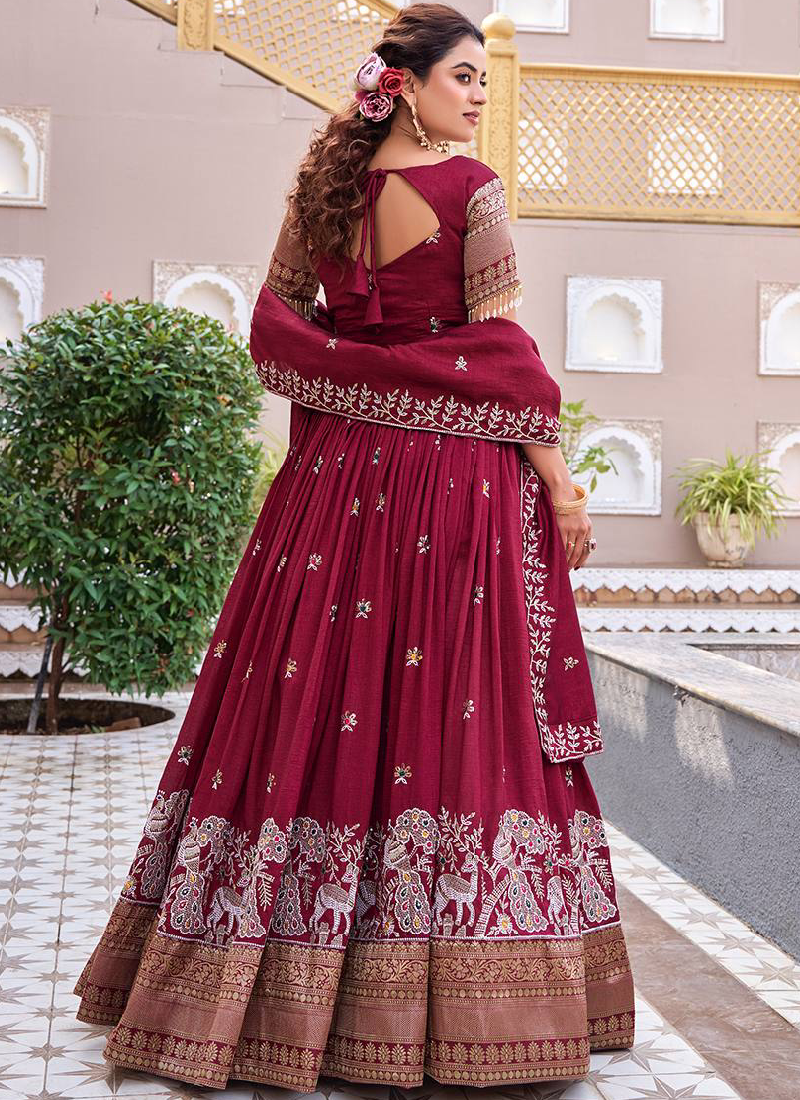 Vichitra Silk Thread Peacock Embroidered Maroon Lehenga Choli Set