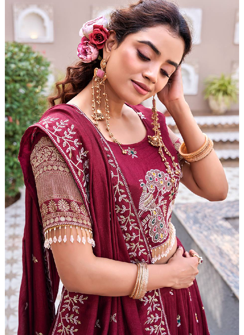 Vichitra Silk Thread Peacock Embroidered Maroon Lehenga Choli Set