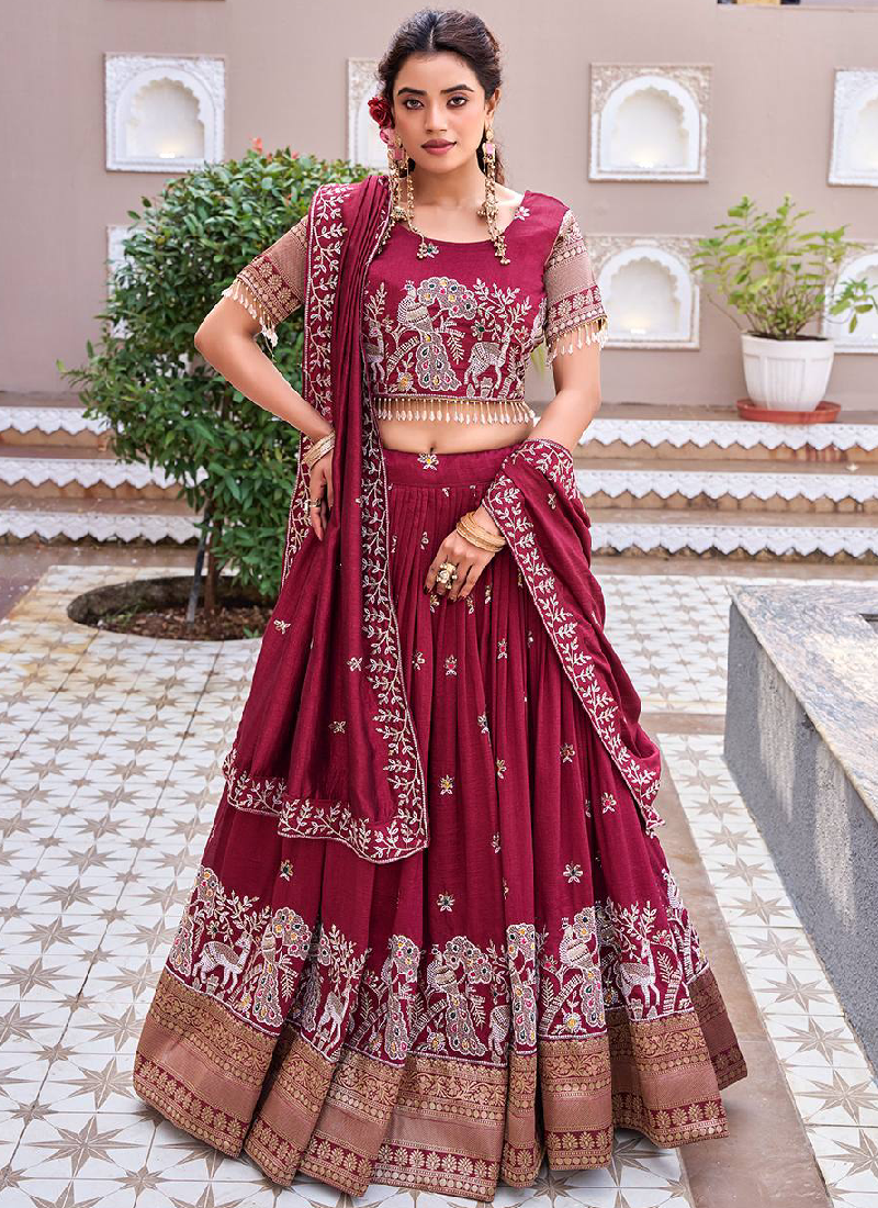 Vichitra Silk Thread Peacock Embroidered Maroon Lehenga Choli Set