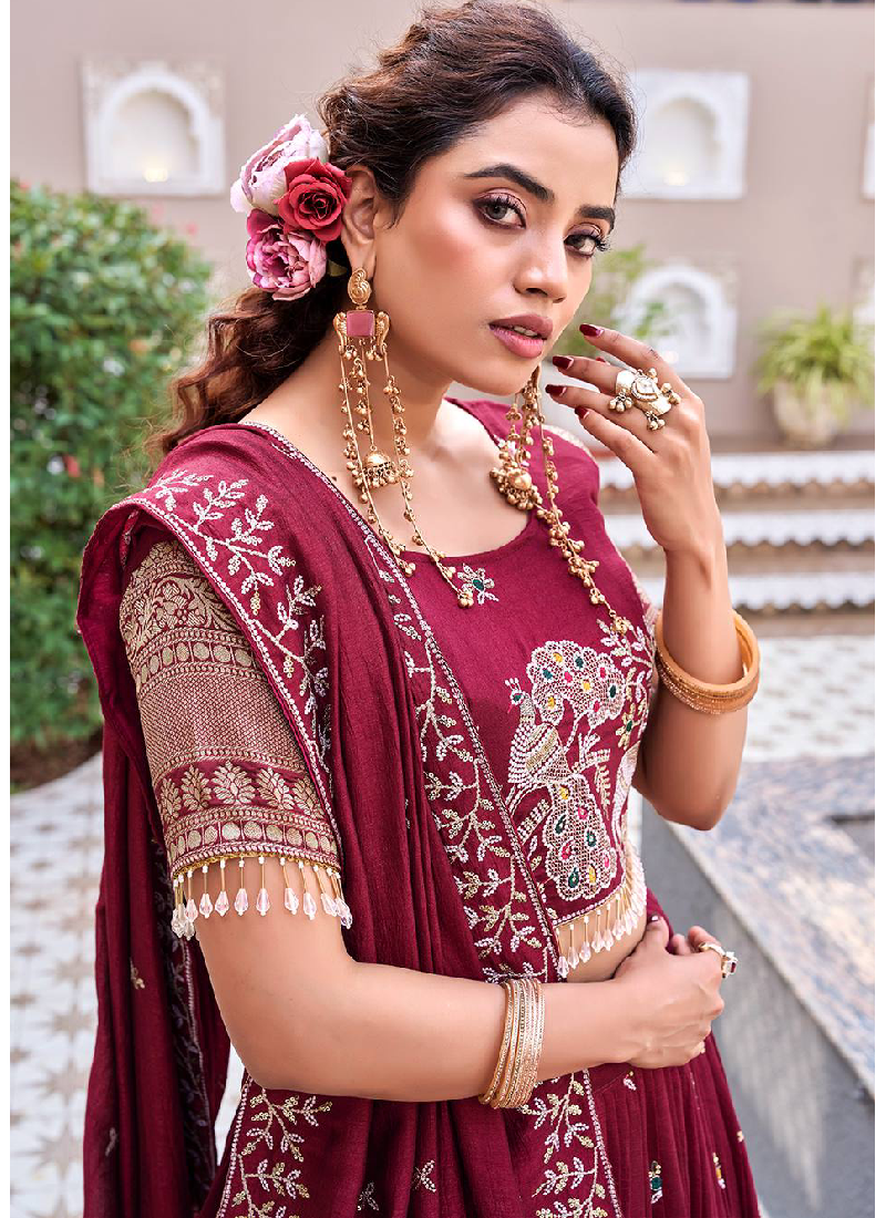 Vichitra Silk Thread Peacock Embroidered Maroon Lehenga Choli Set