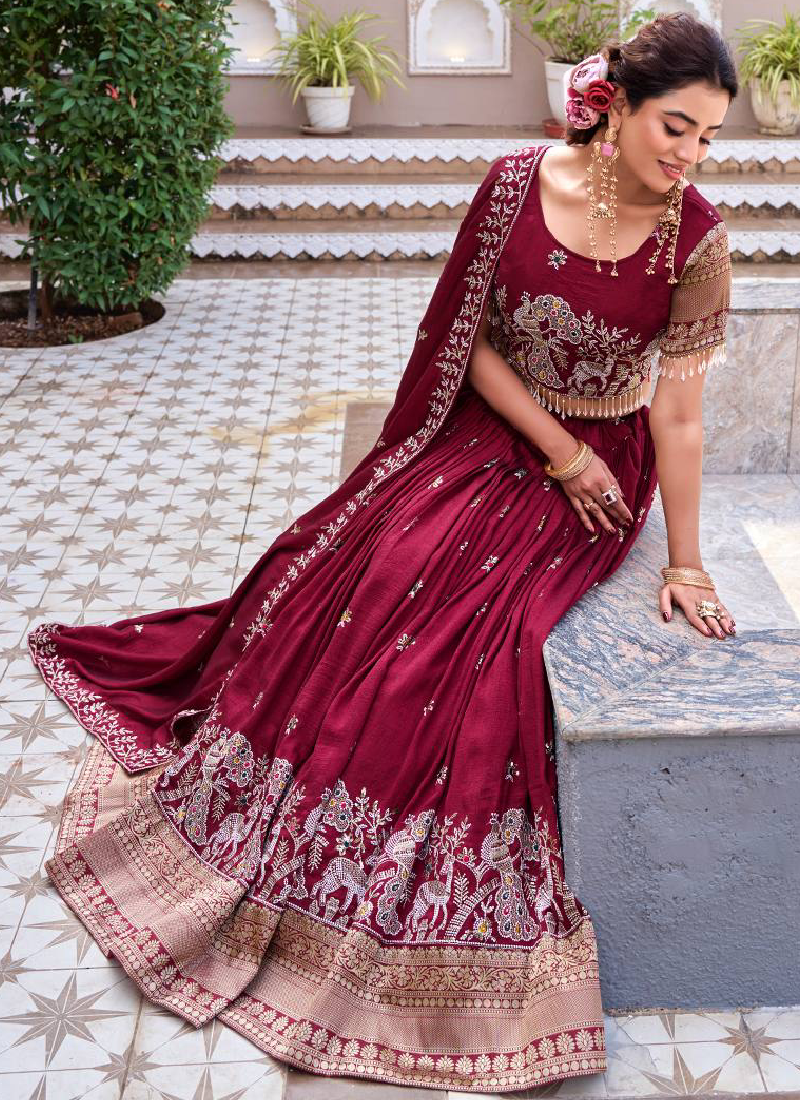Vichitra Silk Thread Peacock Embroidered Maroon Lehenga Choli Set