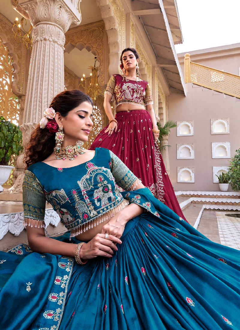 Wedding Wear Zari Embroidered Vichitra Silk Teal Blue Lehenga Choli