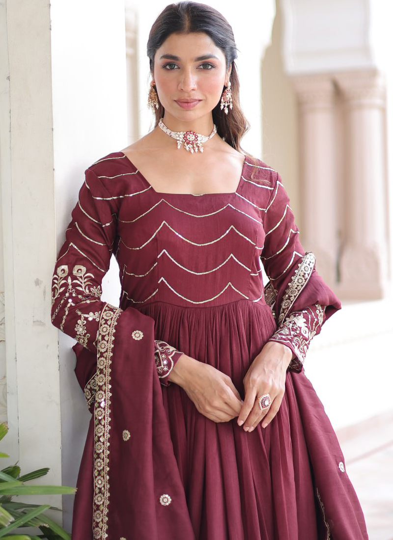 Vichitra Silk Zari Work Readymade Maroon Wedding Wear Gown With Dupatta