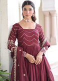 Vichitra Silk Zari Work Readymade Maroon Wedding Wear Gown With Dupatta