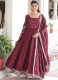 Vichitra Silk Zari Work Readymade Maroon Wedding Wear Gown With Dupatta