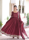 Vichitra Silk Zari Work Readymade Maroon Wedding Wear Gown With Dupatta