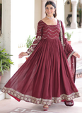 Vichitra Silk Zari Work Readymade Maroon Wedding Wear Gown With Dupatta