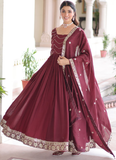Vichitra Silk Zari Work Readymade Maroon Wedding Wear Gown With Dupatta