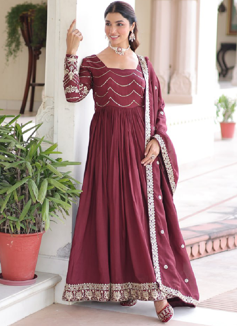 Vichitra Silk Zari Work Readymade Maroon Wedding Wear Gown With Dupatta