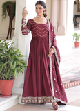 Vichitra Silk Zari Work Readymade Maroon Wedding Wear Gown With Dupatta