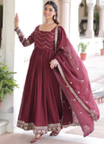 Vichitra Silk Zari Work Readymade Maroon Wedding Wear Gown With Dupatta