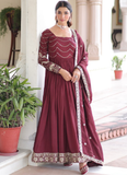 Vichitra Silk Zari Work Readymade Maroon Wedding Wear Gown With Dupatta