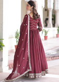 Vichitra Silk Zari Work Readymade Maroon Wedding Wear Gown With Dupatta