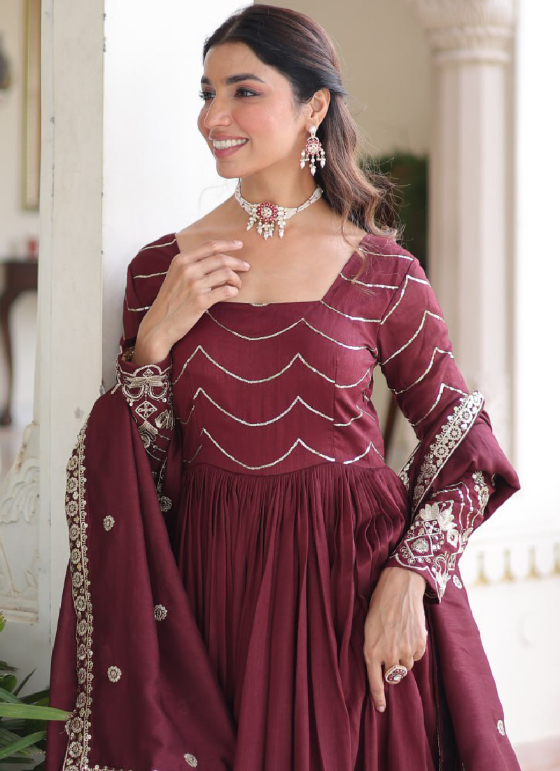 Vichitra Silk Zari Work Readymade Maroon Wedding Wear Gown With Dupatta
