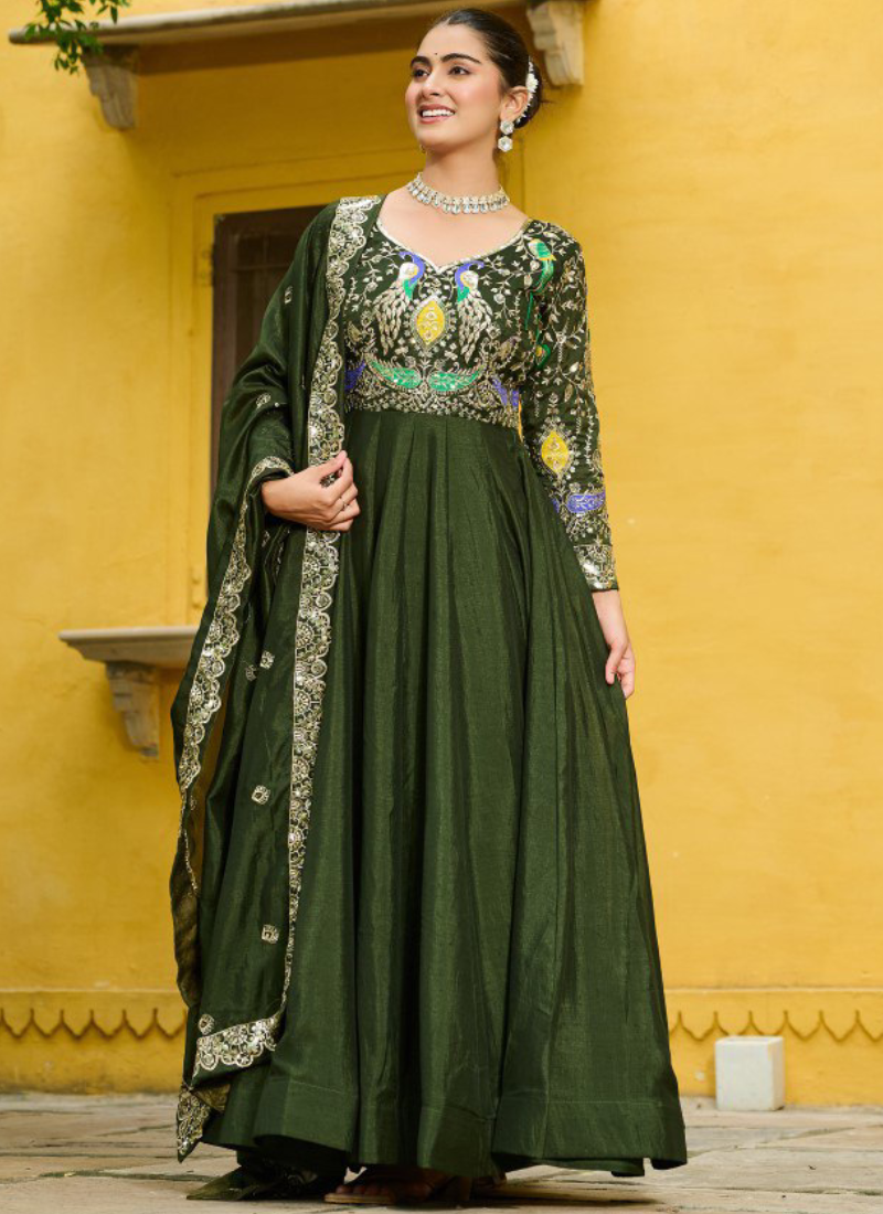 Vichitra Silk Thread Embroidered Mehendi Special Green Anarkali Gown