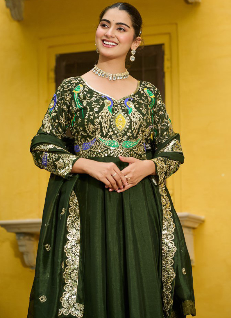 Vichitra Silk Thread Embroidered Mehendi Special Green Anarkali Gown