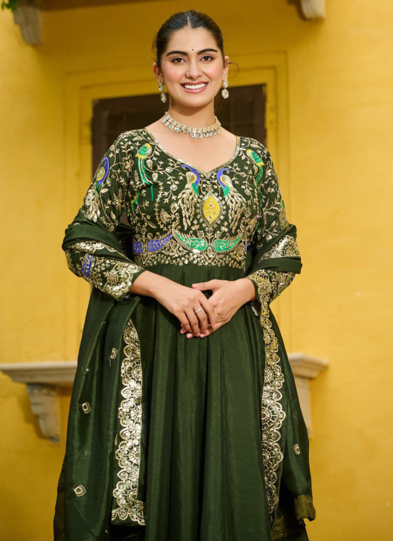 Vichitra Silk Thread Embroidered Mehendi Special Green Anarkali Gown