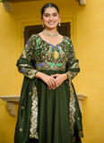 Vichitra Silk Thread Embroidered Mehendi Special Green Anarkali Gown