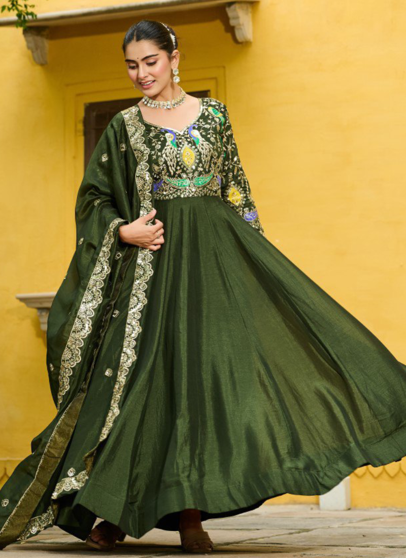 Vichitra Silk Thread Embroidered Mehendi Special Green Anarkali Gown
