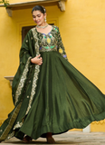 Vichitra Silk Thread Embroidered Mehendi Special Green Anarkali Gown