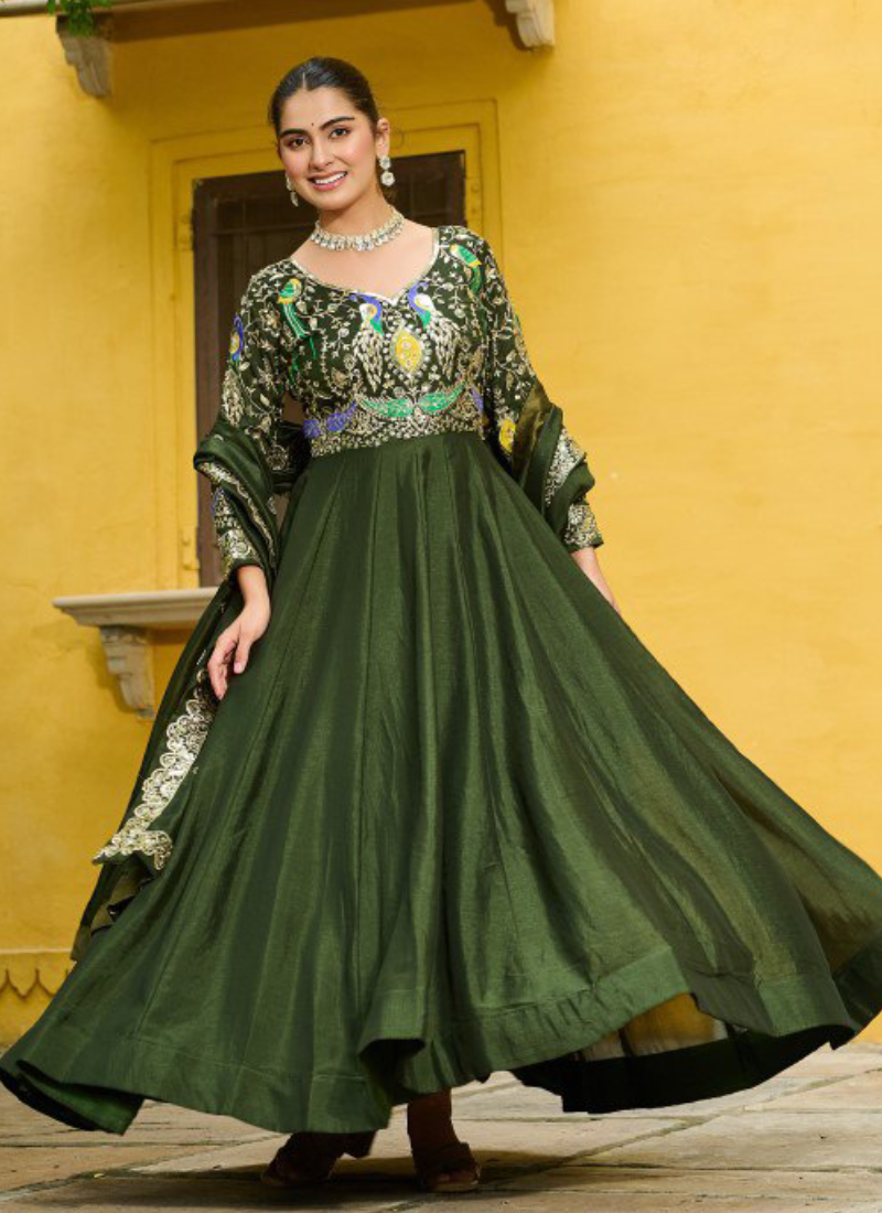 Vichitra Silk Thread Embroidered Mehendi Special Green Anarkali Gown