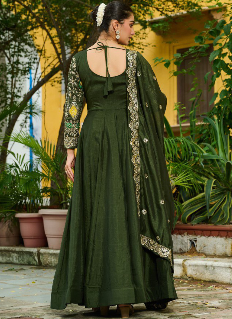 Vichitra Silk Thread Embroidered Mehendi Special Green Anarkali Gown