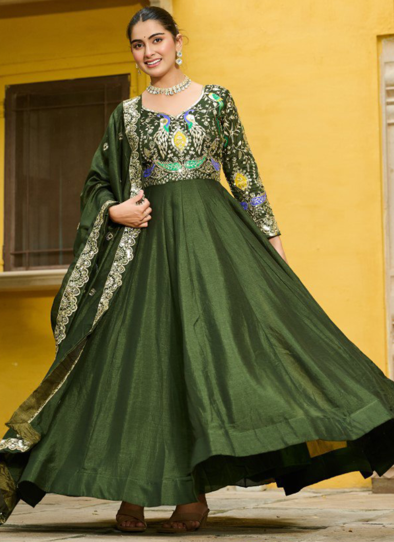 Vichitra Silk Thread Embroidered Mehendi Special Green Anarkali Gown tapee.in Vichitra Silk Thread Embroidered Mehendi Special Green Anarkali Gown tapee.in