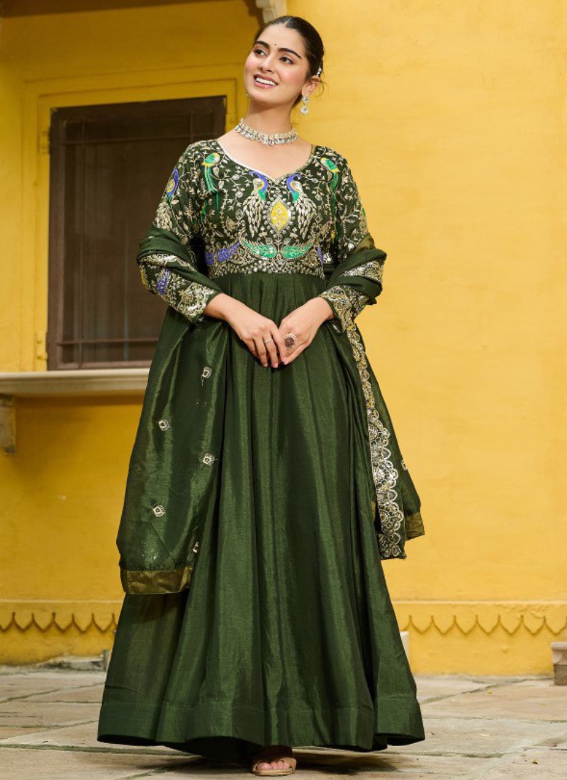Vichitra Silk Thread Embroidered Mehendi Special Green Anarkali Gown