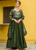 Vichitra Silk Thread Embroidered Mehendi Special Green Anarkali Gown
