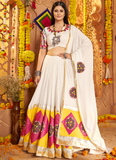 Viscose Cotton Gamthi Embroidery White Navratri Special Lehenga Choli