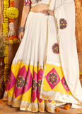 Viscose Cotton Gamthi Embroidery White Navratri Special Lehenga Choli