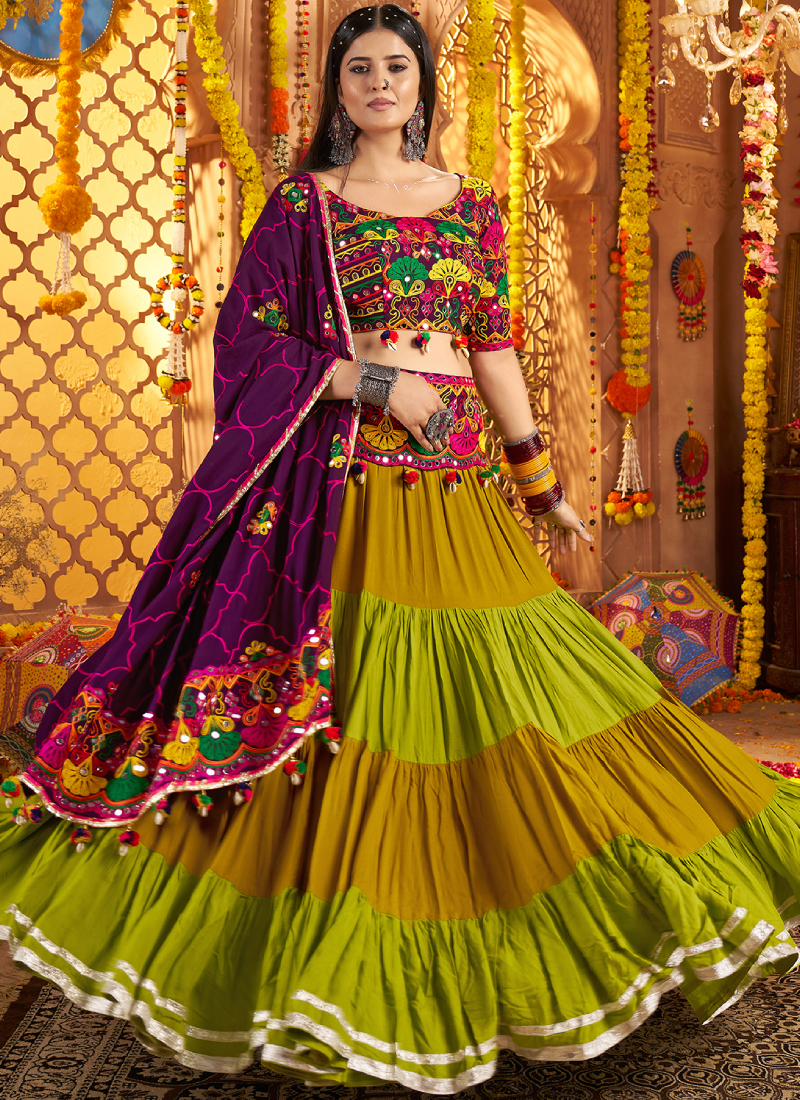 Viscose Cotton Real Mirror Gamthi Work Multi Color Navratri Lehenga