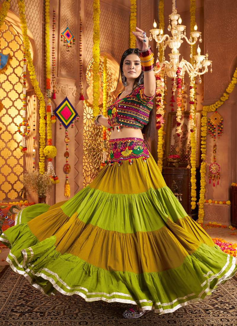 Viscose Cotton Real Mirror Gamthi Work Multi Color Navratri Lehenga