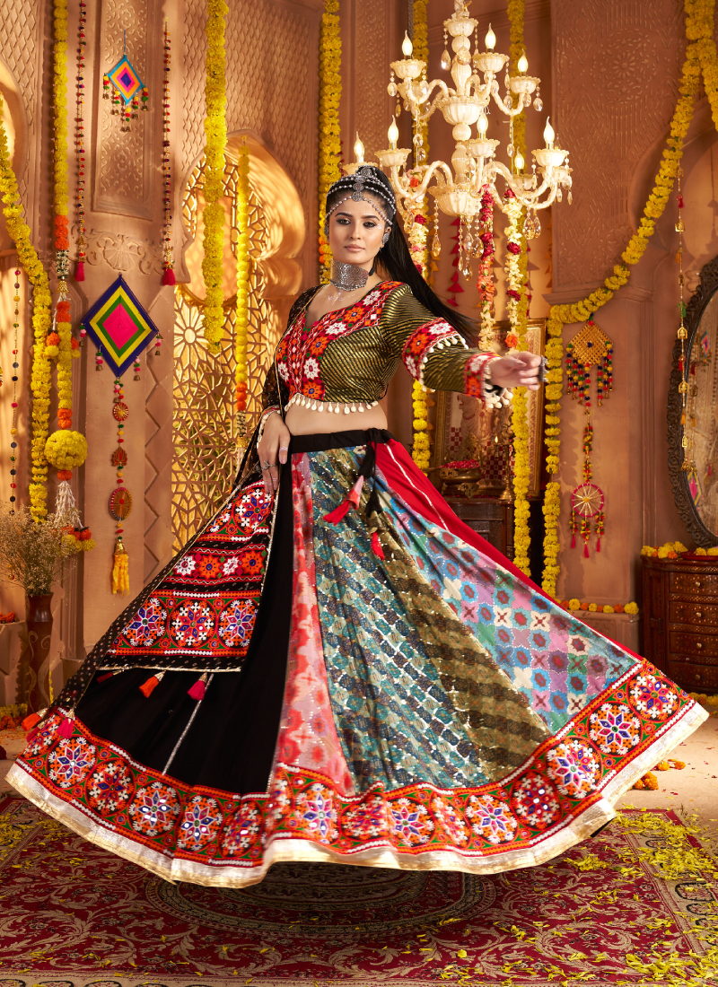 Viscose Rayon Real Mirror Work Multi Color Lehenga Choli For Navratri