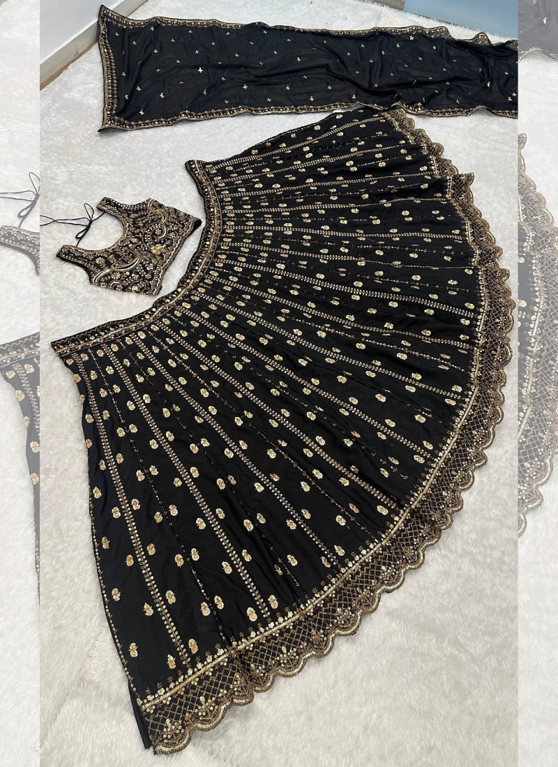 Wedding Reception Wear Black Sequin Embroidered Crepe Lehenga Choli