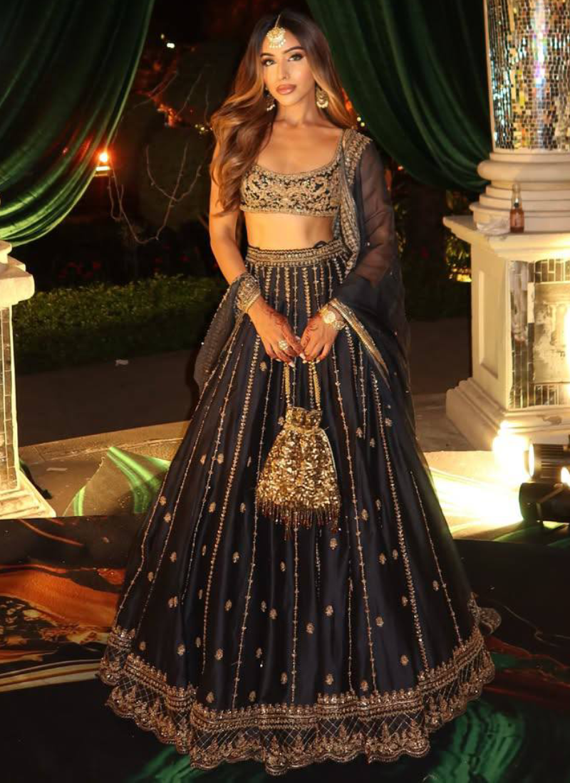 Wedding Reception Wear Black Sequin Embroidered Crepe Lehenga Choli