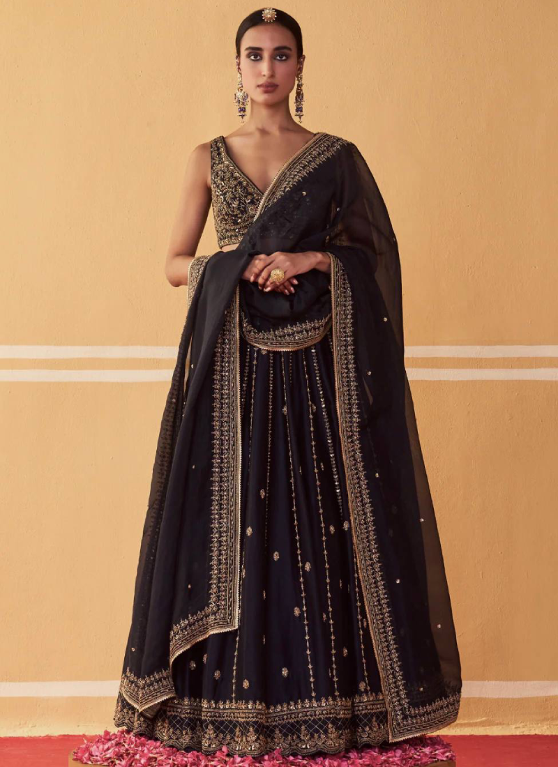 Wedding Reception Wear Black Sequin Embroidered Crepe Lehenga Choli