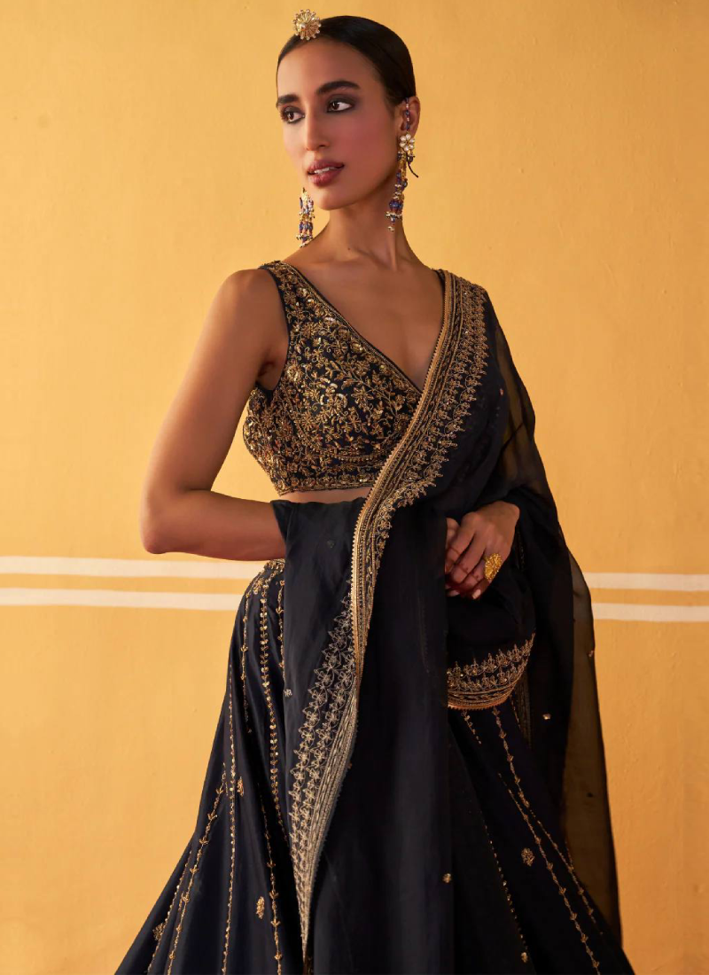 Wedding Reception Wear Black Sequin Embroidered Crepe Lehenga Choli