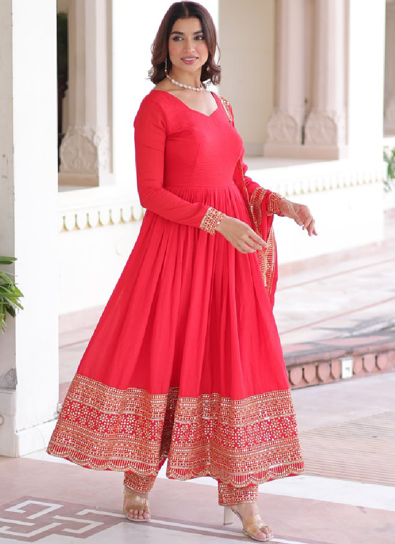 Wedding Special Vichitra Silk Intricate Embroidered Red Anarkali Gown