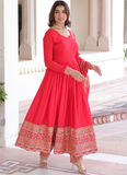 Wedding Special Vichitra Silk Intricate Embroidered Red Anarkali Gown