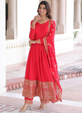 Wedding Special Vichitra Silk Intricate Embroidered Red Anarkali Gown