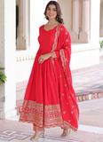 Wedding Special Vichitra Silk Intricate Embroidered Red Anarkali Gown