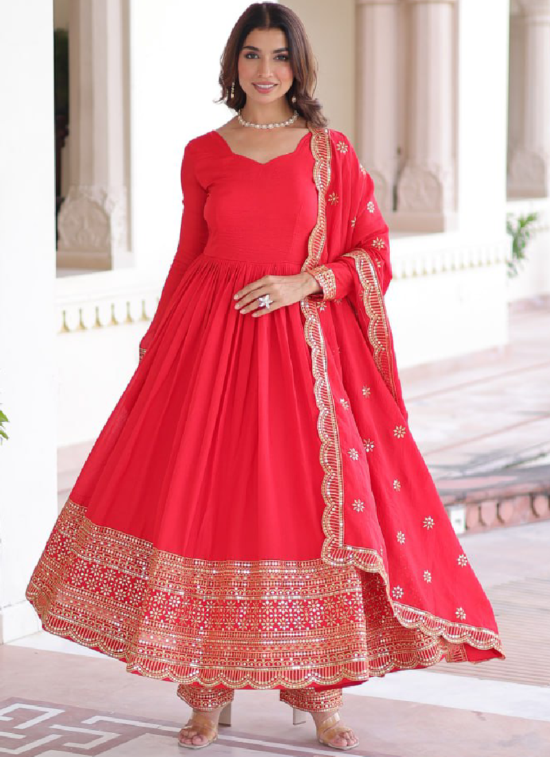 Wedding Special Vichitra Silk Intricate Embroidered Red Anarkali Gown