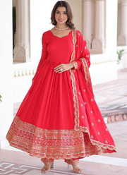 Wedding Special Vichitra Silk Intricate Embroidered Red Anarkali Gown
