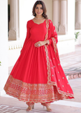 Wedding Special Vichitra Silk Intricate Embroidered Red Anarkali Gown