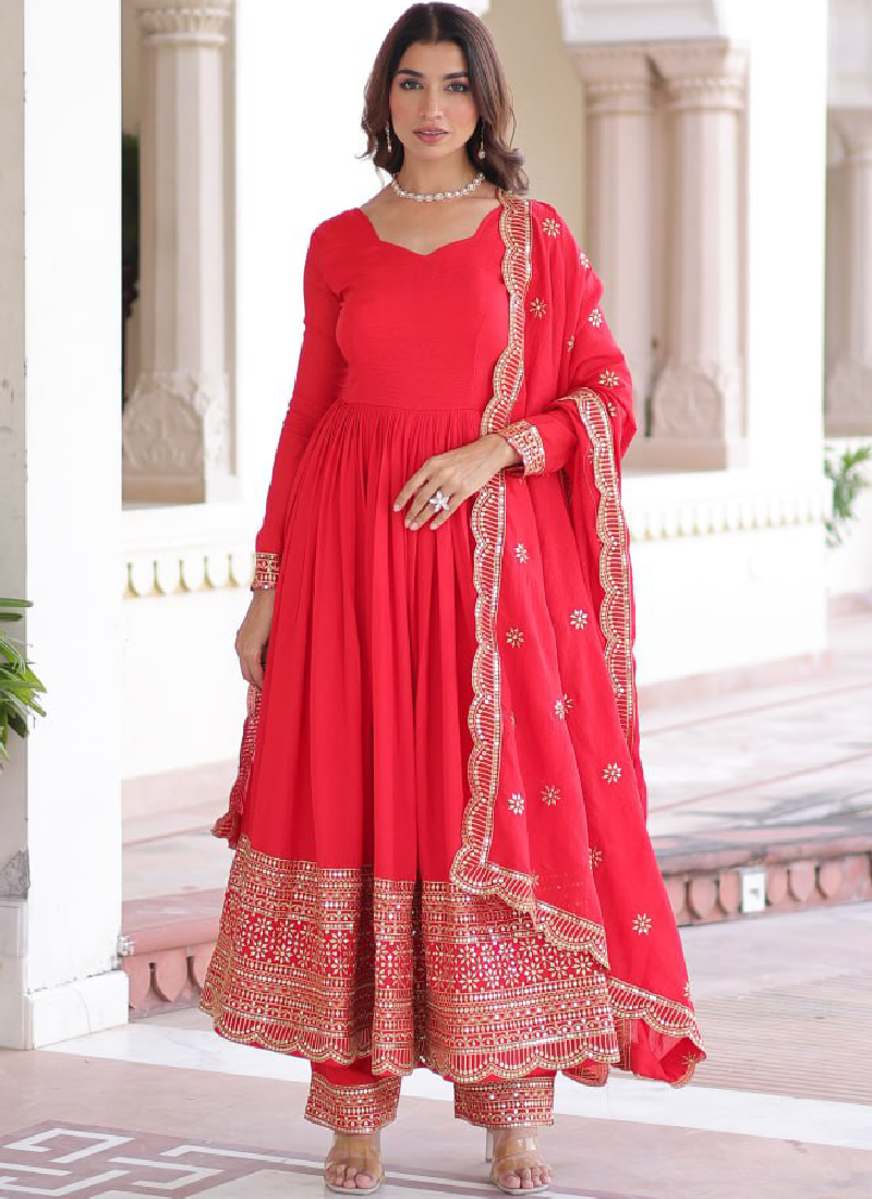 Wedding Special Vichitra Silk Intricate Embroidered Red Anarkali Gown