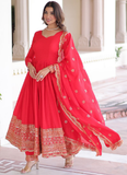 Wedding Special Vichitra Silk Intricate Embroidered Red Anarkali Gown