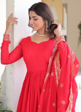 Wedding Special Vichitra Silk Intricate Embroidered Red Anarkali Gown