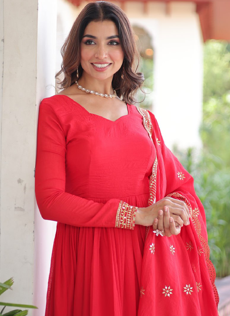 Wedding Special Vichitra Silk Intricate Embroidered Red Anarkali Gown